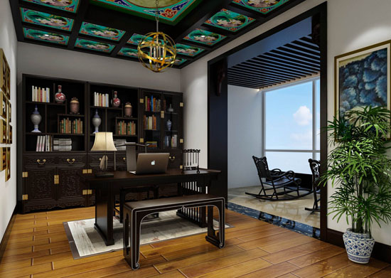 新中式别墅装修-书房整体书柜